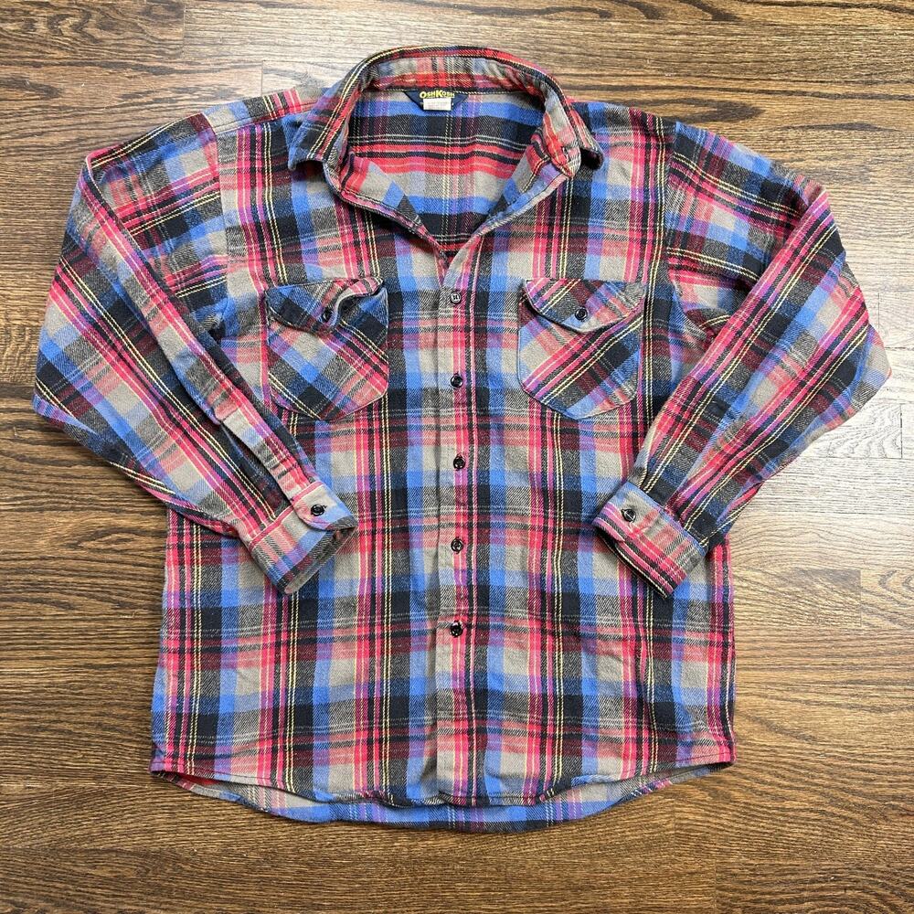 Vintage OshKosh B'Gosh Mens Large Plaid Flannel Button Down Shirt Blue Red Grey - Picture 6 of 11